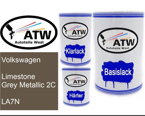 Volkswagen, Limestone Grey Metallic 2C, LA7N: 500ml Lackdose + 500ml Klarlack + 250ml Härter - Set, von ATW Autoteile West.